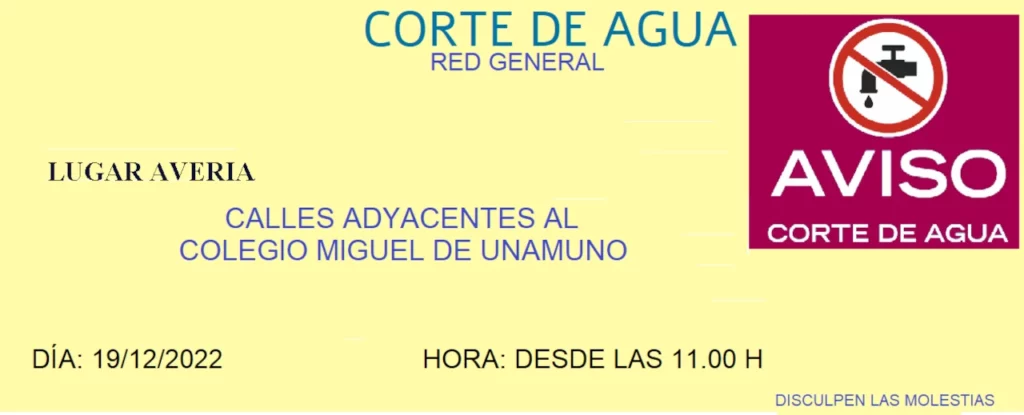 cartel de corte de agua día 19 de diciembre del 22